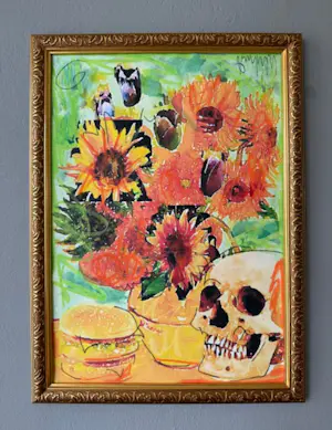 Peter Klashorst - Stilleven van Gogh met burger en doodshoofd kopen? Bied vanaf 75!