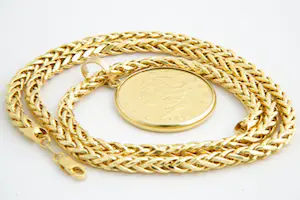 147- Hoog gehlt. 22 Krt gouden Vossestaart collier met zware USA 20$ munt/hanger kopen? Bied vanaf 3260!