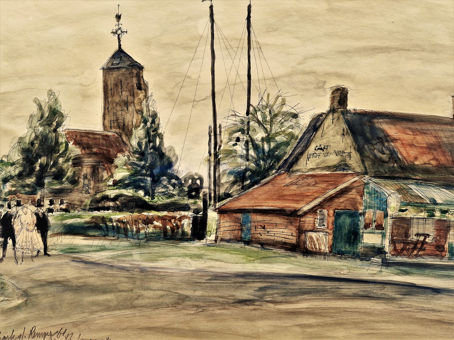 Charles J. Kemper - Grote in 1964 gemaakte aquarel "Bruiloft in het dorp" gesigneerd kopen? Bied vanaf 1!