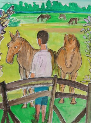 Margot Hudig-Heldring - Gouache, Weide met paren - Ingelijst kopen? Bied vanaf 1!