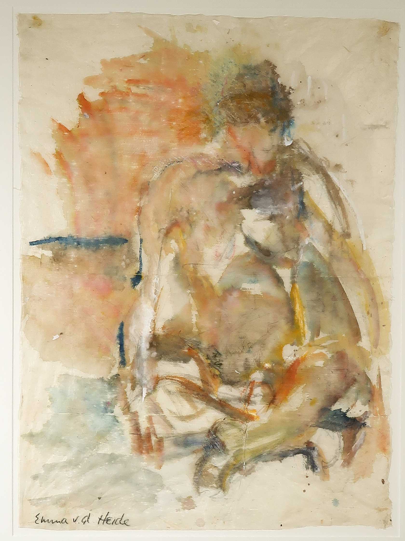 Emma van der Heide - Aquarel op Nepalees papier, Zittend naakt in lotushouding - Ingelijst kopen? Bied vanaf 60!