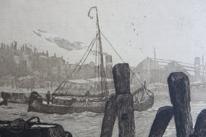 Jan Sirks - Havengezicht van Rotterdam met bedrijvigheid op het water. kopen? Bied vanaf 30!