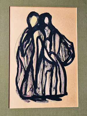 Riek Schagen - Gemengde techniek op papier– "2 vrouwen" - gesigneerd - in passe partout kopen? Bied vanaf 36!