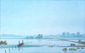 Denkor - aquarel rivierenlandschap - ingelijst - 21875 verkocht voor € 25!