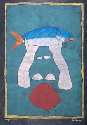 Geertje Briels - Houtdruk op geschept papier, Overdrijven met vis verkocht voor € 35!