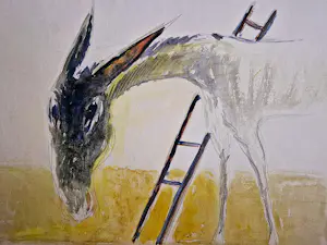 Dick Fluitsma - grote gemengde techniek op papier - ezel en ladder - 1990 - gesigneerd kaufen? Bieten Sie von 39!