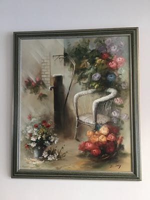 Niet of onleesbaar gesigneerd - Binnenplaats met bloemen. kopen? Bied vanaf 1!