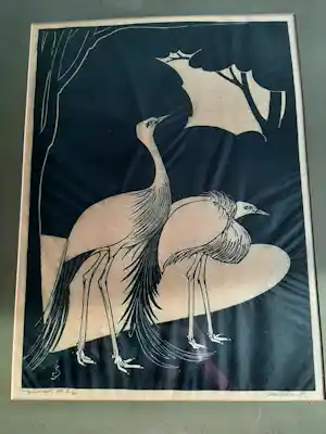 Jan Schonk - Houtsnede, Titel, " JAPANSE KRAANVOGELS ". verkauft für € 70!