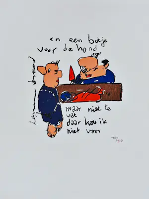 AcheterHerman Brood - originele Kleurenzeefdruk "En een botje voor de hond" netjes ingelijst? Enchérissez de 41!