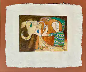 Shahid Parvez - (1970) – “Rode Olifant” – gesigneerde kleurenzeefdruk (151/500) – ingelijst verkauft für € 35!