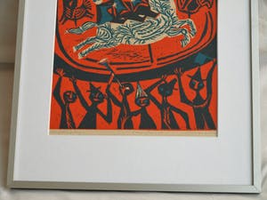 Jenny Dalenoord - Linosnede , BEVRIJDINGSDAG 1945-1955 – gesigneerd & ingelijst – 1955 kopen? Bied vanaf 10!