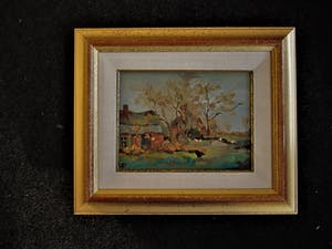 Niet of onleesbaar gesigneerd - Charmant impressionistisch olieverf(je) "Boerderij en kippen" monogram HP kopen? Bied vanaf 10!