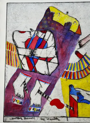 Hannes Postma - Grote handgekleurde reliëf Ets - 1966 - E.A. exemplaar "twee armlengten" kopen? Bied vanaf 58!