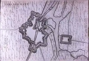 Joan Blaeu - Gravure, Sas van Gent, Vestingplan uit Stedenboek verkauft für € 3!