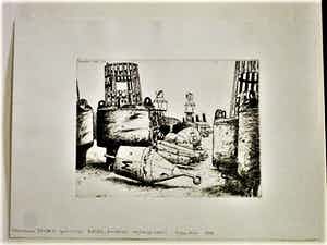 Herman Berserik - Karakteristiek Grafiek - droge naald Ets / proefdruk - "Boeien" passe partout verkocht voor € 30!