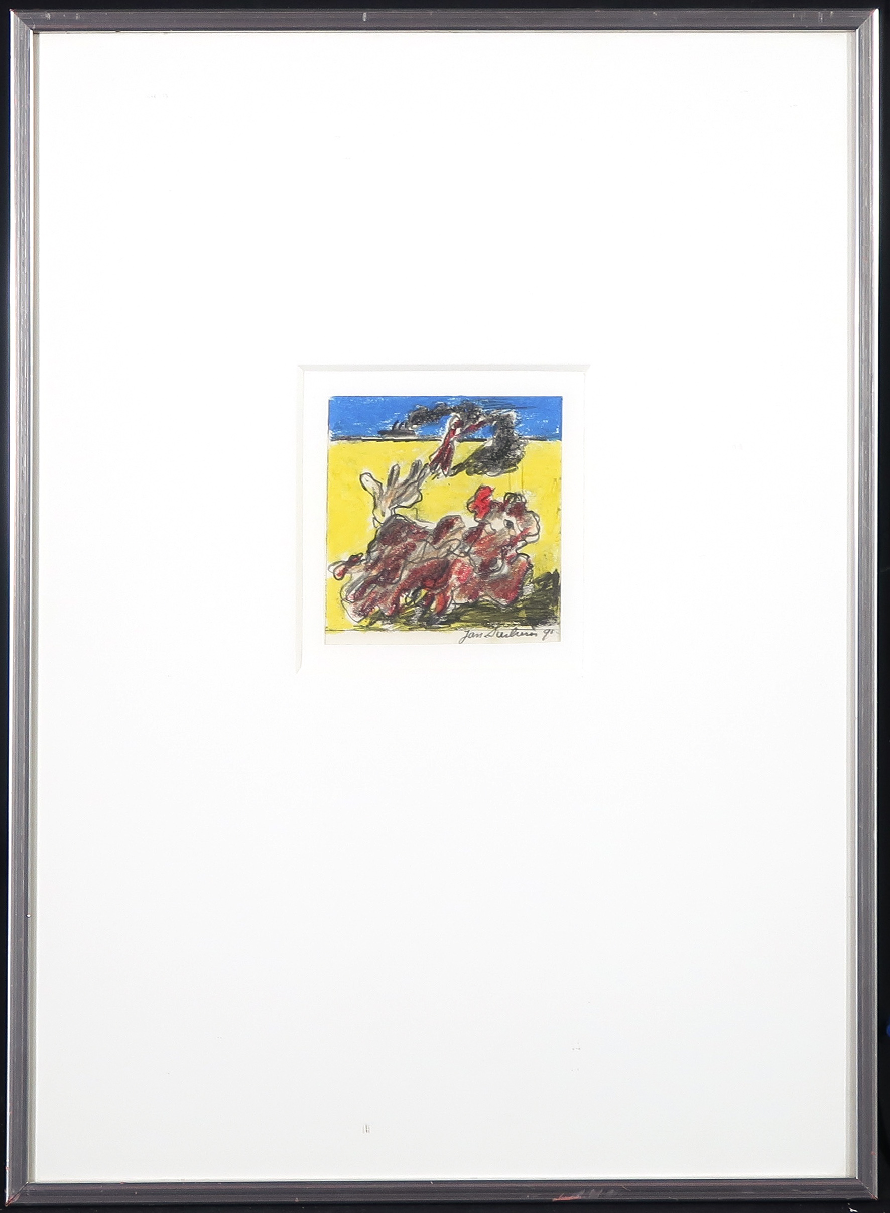 Jan Sierhuis - Krijt op papier, Aan het strand - Ingelijst verkocht voor € 100!