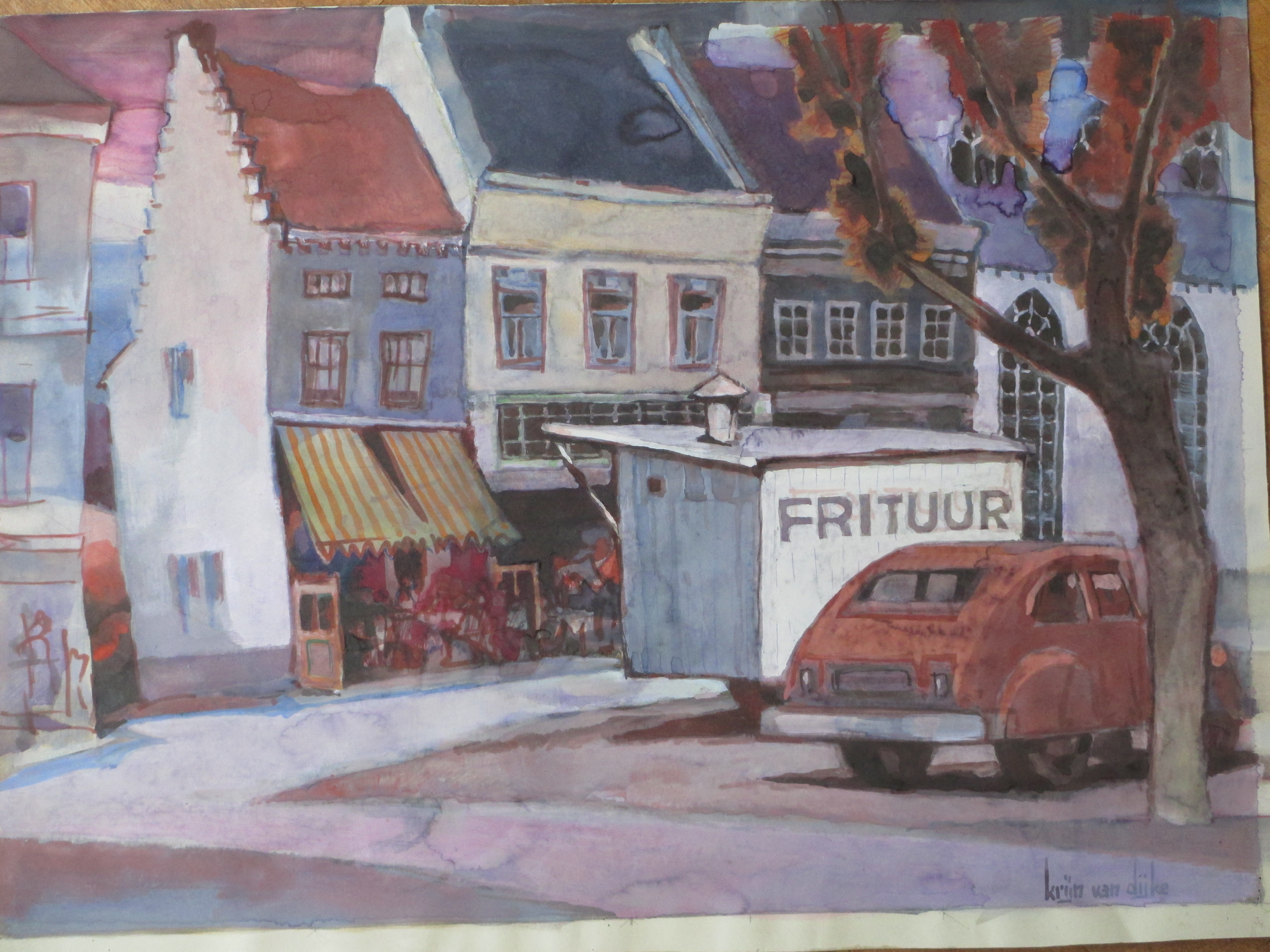 Krijn van Dijke - Marktplein met frituur - Aquarel kopen? Bied vanaf 1!