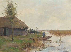 Pieter Schreuder - Olieverf op doek, Landschap met schuuur kopen? Bied vanaf 70!