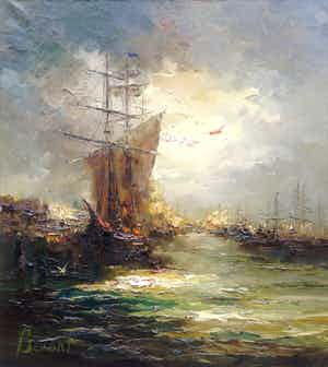 Jan Bevort - A8224, Havengezicht met zeilschepen verkocht voor € 450!