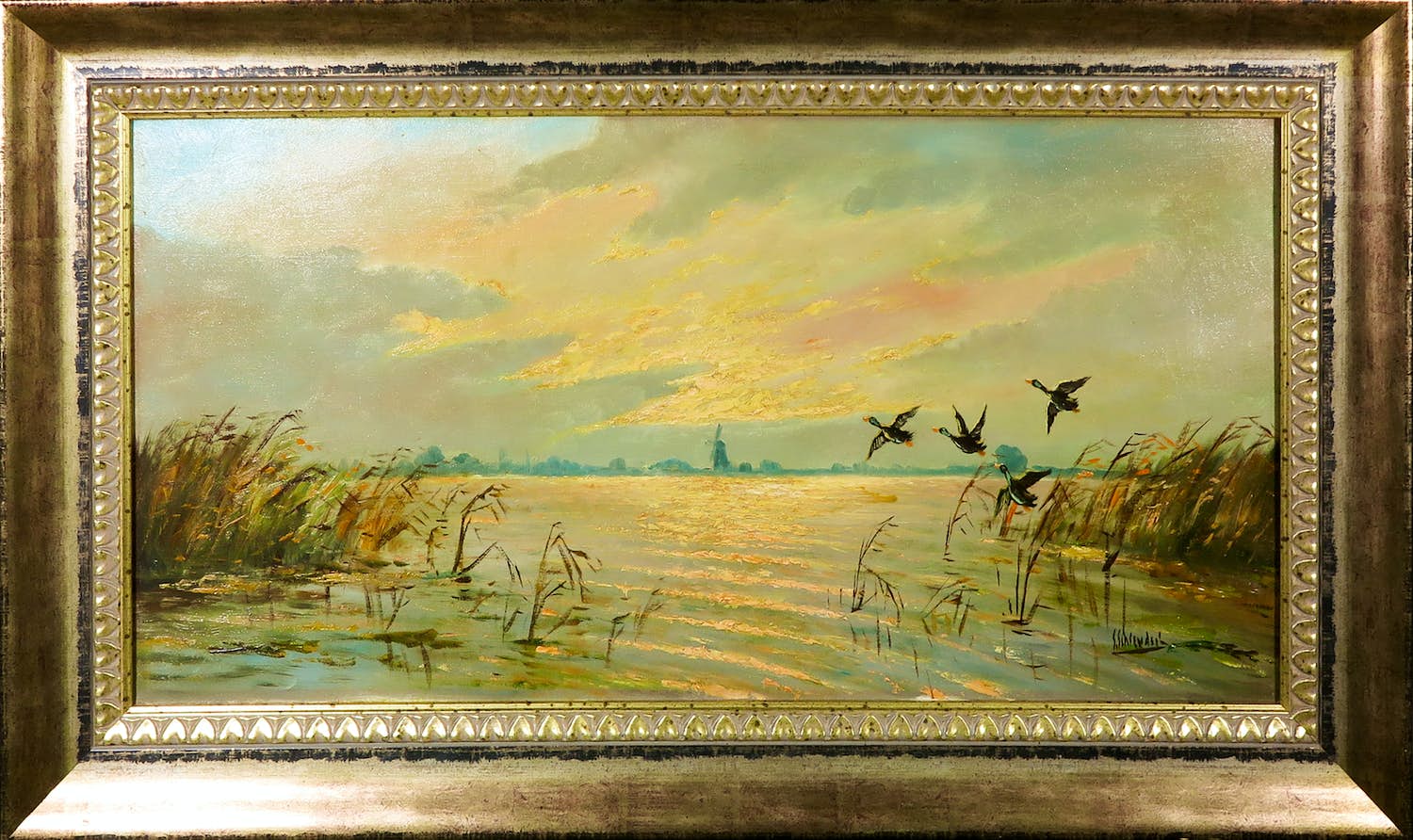 S. Schreuder-Blom - Olieverf op doek, Ganzen op plas - Ingelijst verkocht voor € 1!