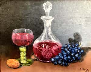 Jan Muijs - Prachtig stilleven " Wijn met druiven - glas en karaf. verkocht voor € 85!