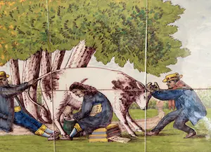 Koninklijke Tichelaar Makkum - Tegeltableau met advocatenvoorstelling, ca. 1900 kopen? Bied vanaf 65!