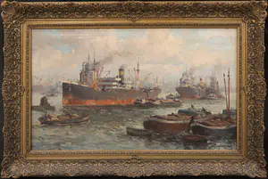 Gerard Delfgaauw - Olieverf op doek, Rotterdamse haven - Ingelijst (Groot) kopen? Bied vanaf 2000!