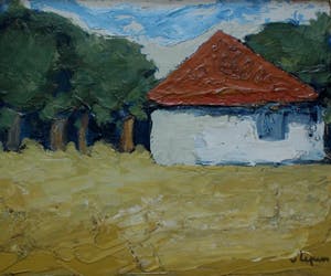 Hans van Ieperen - Schilderij, olieverf op doek: Wit huis met oranje dak kopen? Bied vanaf 375!