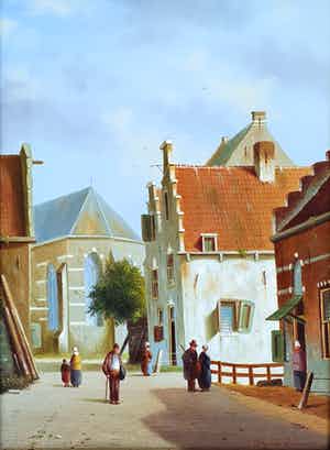 Johannes Eerdmans - Oud-Hollands stadsgezicht met figuren verkocht voor € 180!