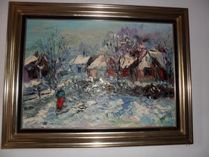 Jan Makkes - Olieverf op doek, met besneeuwde huizen en bomen en een wandelaar kopen? Bied vanaf 225!