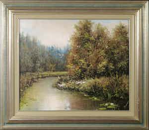 Peter van Berkel - Olieverf op doek, Landschap met eenden - Ingelijst verkocht voor € 1!