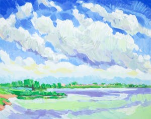 Adri Dijkhorst - Zeefdruk, Rivierlandschap kopen? Bied vanaf 35!