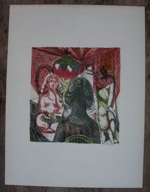 Nicolaas Wijnberg - Kleurenlitho: Interieur met vrouwen en kind kopen? Bied vanaf 75!