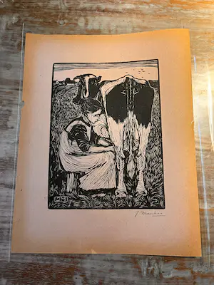 Jan Mankes - ** Prijs verlaagd** Handgesigneerde houtsnede Koemelkster 1914 op oudroze papier kopen? Bied vanaf 160!