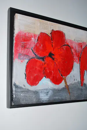 Antonio Poioumen - Rode bloemen, gemengde techniek, acryl - fraai ingelijst, groot kopen? Bied vanaf 350!