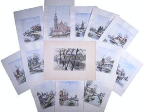 Jan van Delft - Lot, Aquarel van een Amsterdamse Gracht, daarbij diverse werken van Molens kopen? Bied vanaf 1!