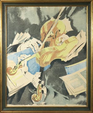 Max Oppenheimer - Bijzondere kleurenlitho van bespeelde violen - Ingelijst kopen? Bied vanaf 1500!