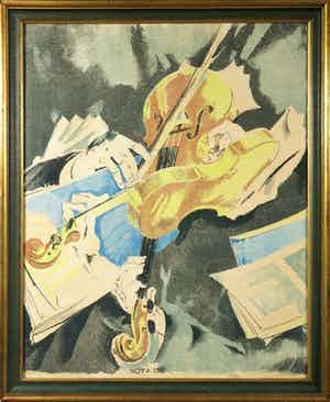 Max Oppenheimer - Bijzondere kleurenlitho van bespeelde violen - Ingelijst verkocht voor € 1500!