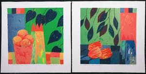 Fenneke van der Elst - Lot van twee litho's, Stillevens met bladeren en fruit en tulpen en bladeren kopen? Bied vanaf 20!