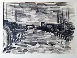 Hugo Liebe - Krijttekening, Haventje te Rijpwetering bij avond. kaufen? Bieten Sie von 20!