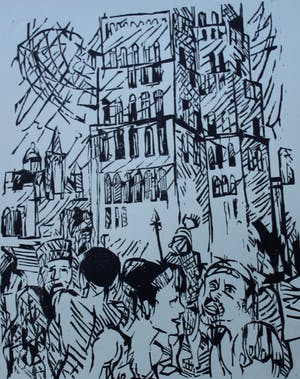 Toon Jansen - houtsnede - de toren van Babel - 1964 kopen? Bied vanaf 25!
