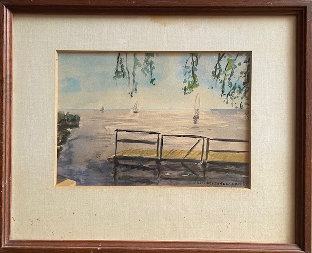 Buy Jan Delfgaauw - Riviergezicht met zeilboten en steiger - Aquarel? Bid from 49!