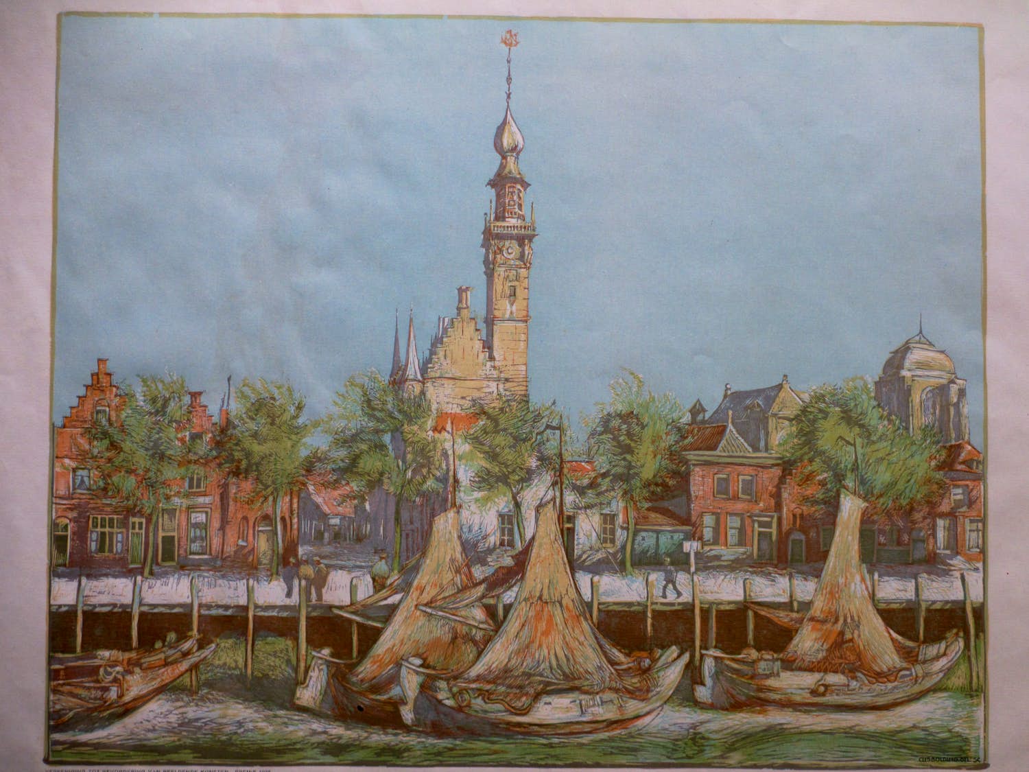 Cees Bolding - Gezicht op de haven van Veere - Litho kopen? Bied vanaf 50!