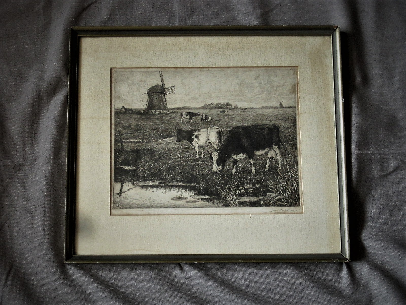 Jacob van Rossum - gesigneerde ets "Koeien en Molen in Polderlandschap" kopen? Bied vanaf 1!