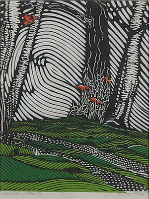 Gunther Borst - Linosnede, Bosgrond - Ingelijst kopen? Bied vanaf 20!