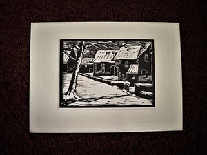 Han Krug - Mooie - omstreeks 1925 gemaakte Houtsnede "Winters dorp" - gesigneerd kopen? Bied vanaf 29!