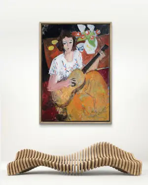 Rene Mels - Frau mit Gitarre – Großes und wunderschönes ausdrucksstarkes Gemälde kopen? Bied vanaf 800!