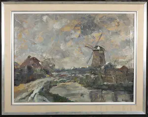 AcheterNiet of onleesbaar gesigneerd - Olieverf op doek, Hollands landschap met molen - Ingelijst? Enchérissez de 1!