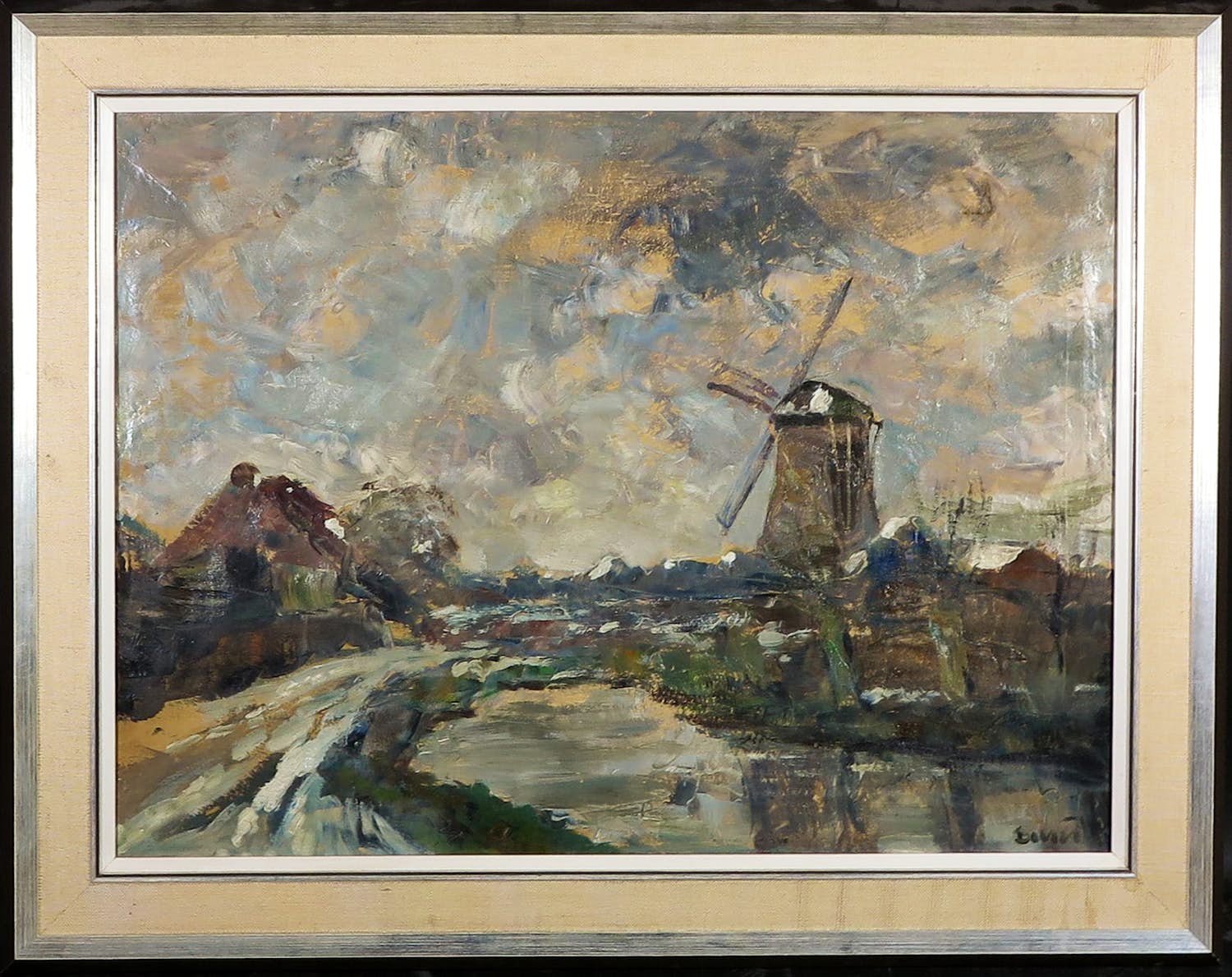 Niet of onleesbaar gesigneerd - Olieverf op doek, Hollands landschap met molen - Ingelijst kopen? Bied vanaf 1!
