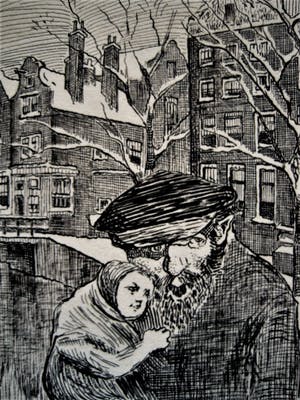 Niet of onleesbaar gesigneerd - originele 1914 Inkttekening "Vader met kinderen in winters Amsterdam" kopen? Bied vanaf 1!